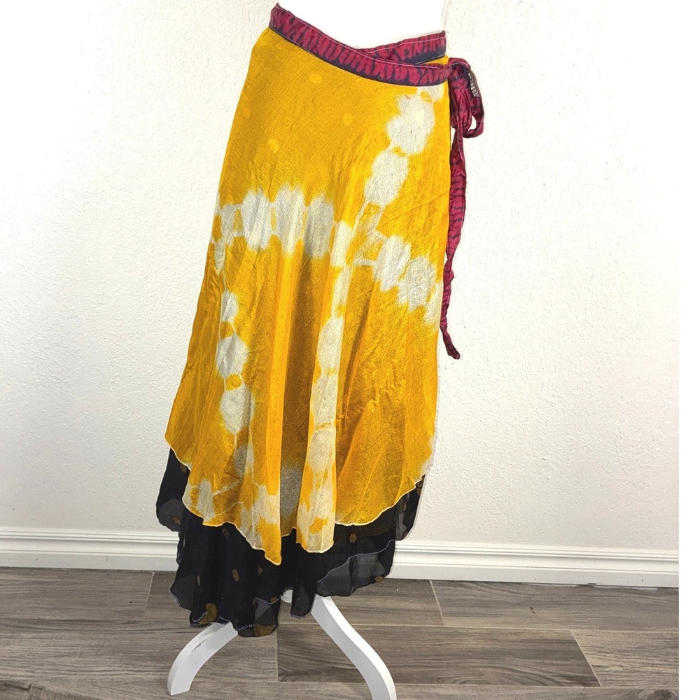 La Moda Hindu Wrap Skirt Yellow Tie Dye Black Gold Layered Boho India Free Size